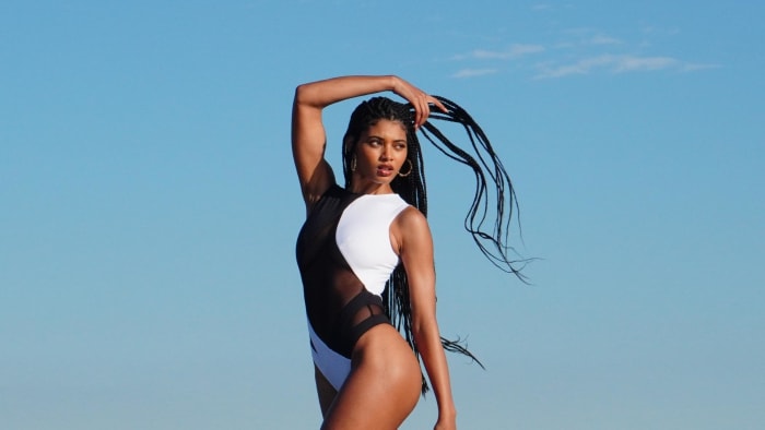 Danielle Herrington wearing LaQuan Smith, photographed by James Macari.